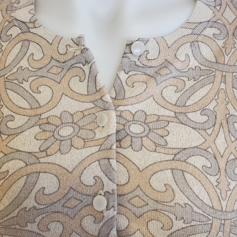 Talbots Black Label Grandmacore Cardigan Sweater Gold Glitter Damask  Sizs‎ P/M